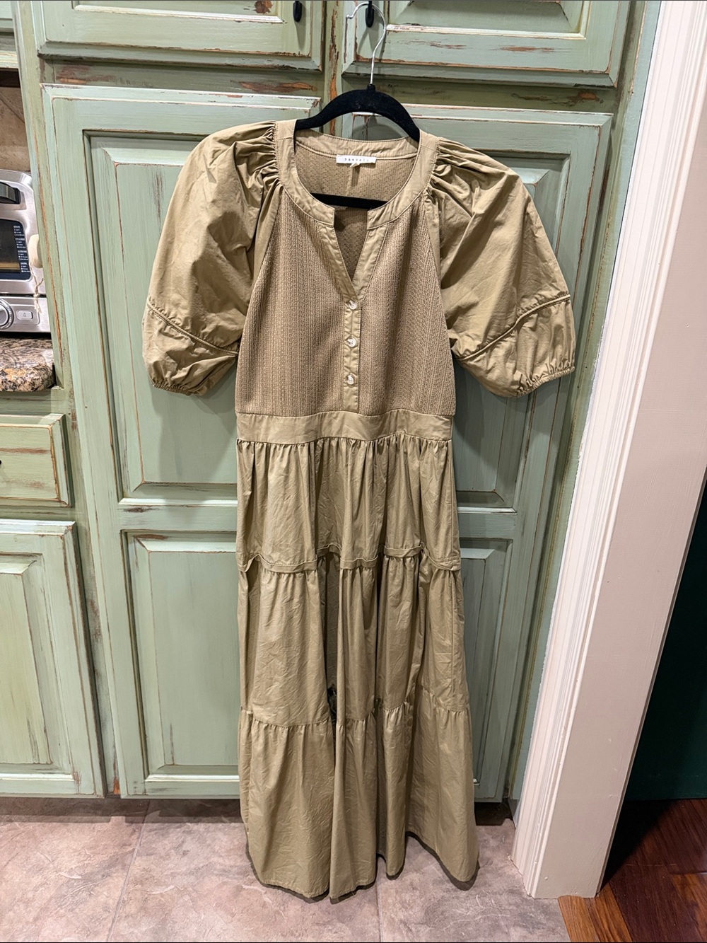 Puff-Sleeve Tiered Maxi Dress in Olive